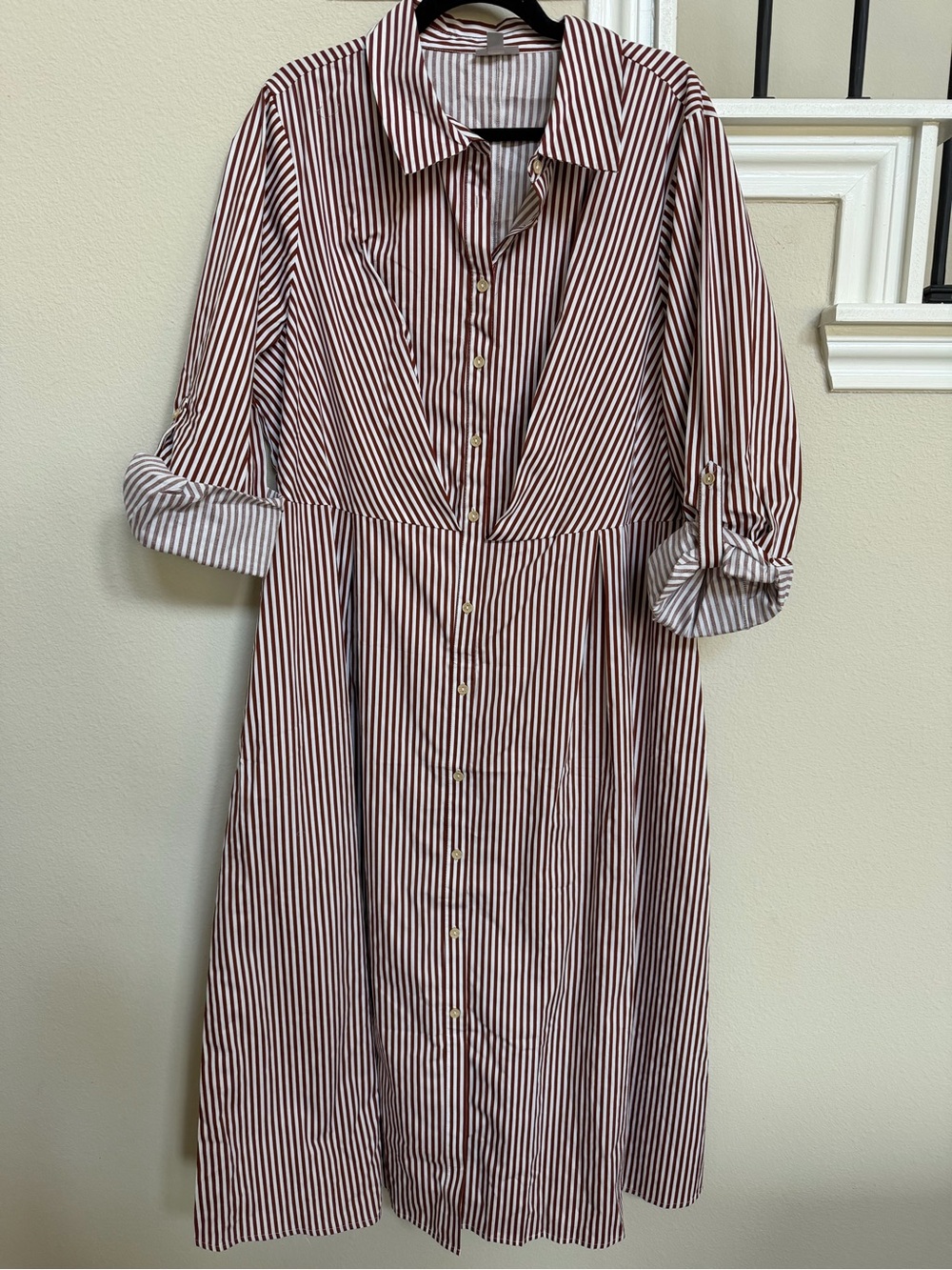 Avenue Striped Button-Front Shirt Dress in Burgundy and White